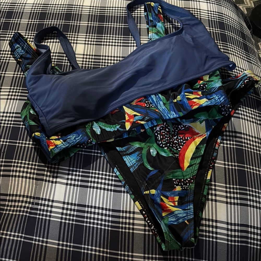 Nasty Gal Blue Bikini Set with Tropical Print